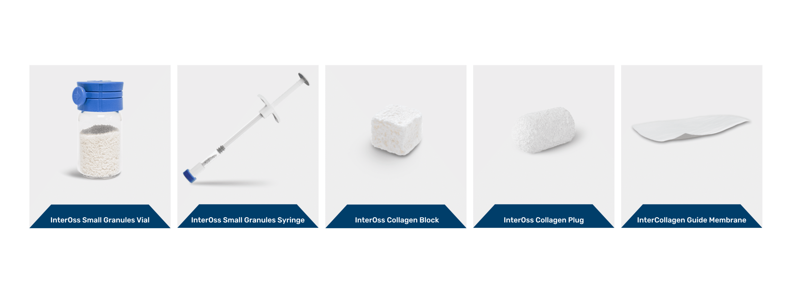 InterOss portfolio range showing granules, collagen products and InterCollagen Guide.